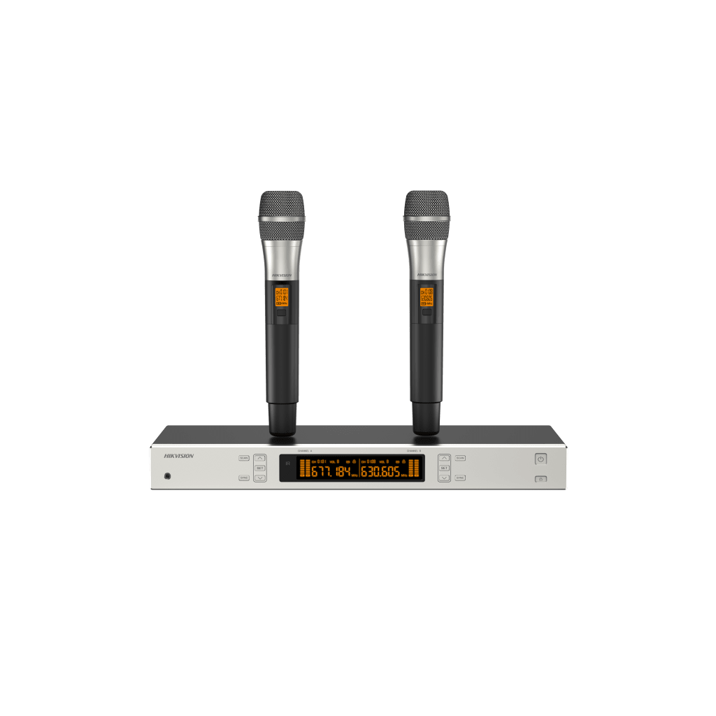 Sistema de Micrófono Inalámbrico UHF / 2 Canales / 2 Micrófonos de Mano / Frecuencia 821-942 MHz / Distancia 100 m / Salida Balanceada y No Balanceada / Sincronización Infrarroja / Recepción True Diversity