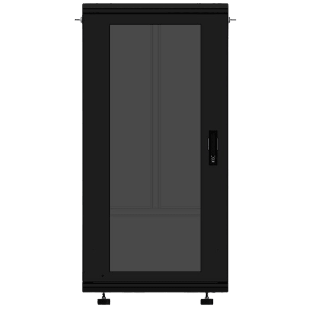 Gabinete Rackeable 19 Pulgadas / 24 Unidades / Piso / Puerta de Cristal / Acero Calibres 16-18-20 / Capacidad 750 Kg / Dimensiones 600x605x1190 mm (23.6x23.8x46.9 in) / Ventilación 120 mm, Niveladores Incluidos