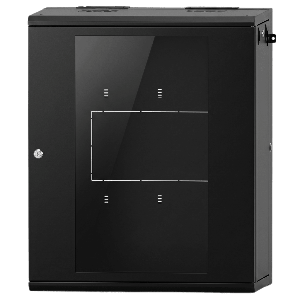 Gabinete Rack / 16 Unidades Rack (UR) / Puerta Cristal Templado / Montaje Pared / Acero Calibres 18-22 / Abatible 120° / Ventilación 120 mm