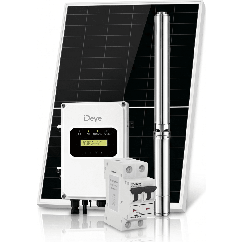 Kit de Bombeo Solar 800W (1 HP) / Bomba Sumergible con Controlador Integrado 60-220V CD / 2 Módulos Solares 540W / Interruptor Termomagnético 2P 20A 800V CC / Protector de Descargas Atmosféricas / Gabinete IP66