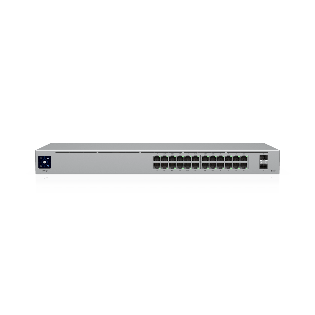 Switch UniFi Capa 2 / 24 Puertos Gigabit / 16 Puertos PoE+ 802.3af/at / 95W Total / 2 Puertos SFP 1G / Pantalla LCM / Sin Ventilador