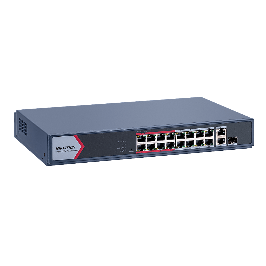 Switch PoE+ / Monitoreable / 16 Puertos 10/100 Mbps PoE+ / 2 Puertos 1000 Mbps Uplink / 1 Puerto SFP Uplink / Modo Extendido hasta 300 Metros / 130 W