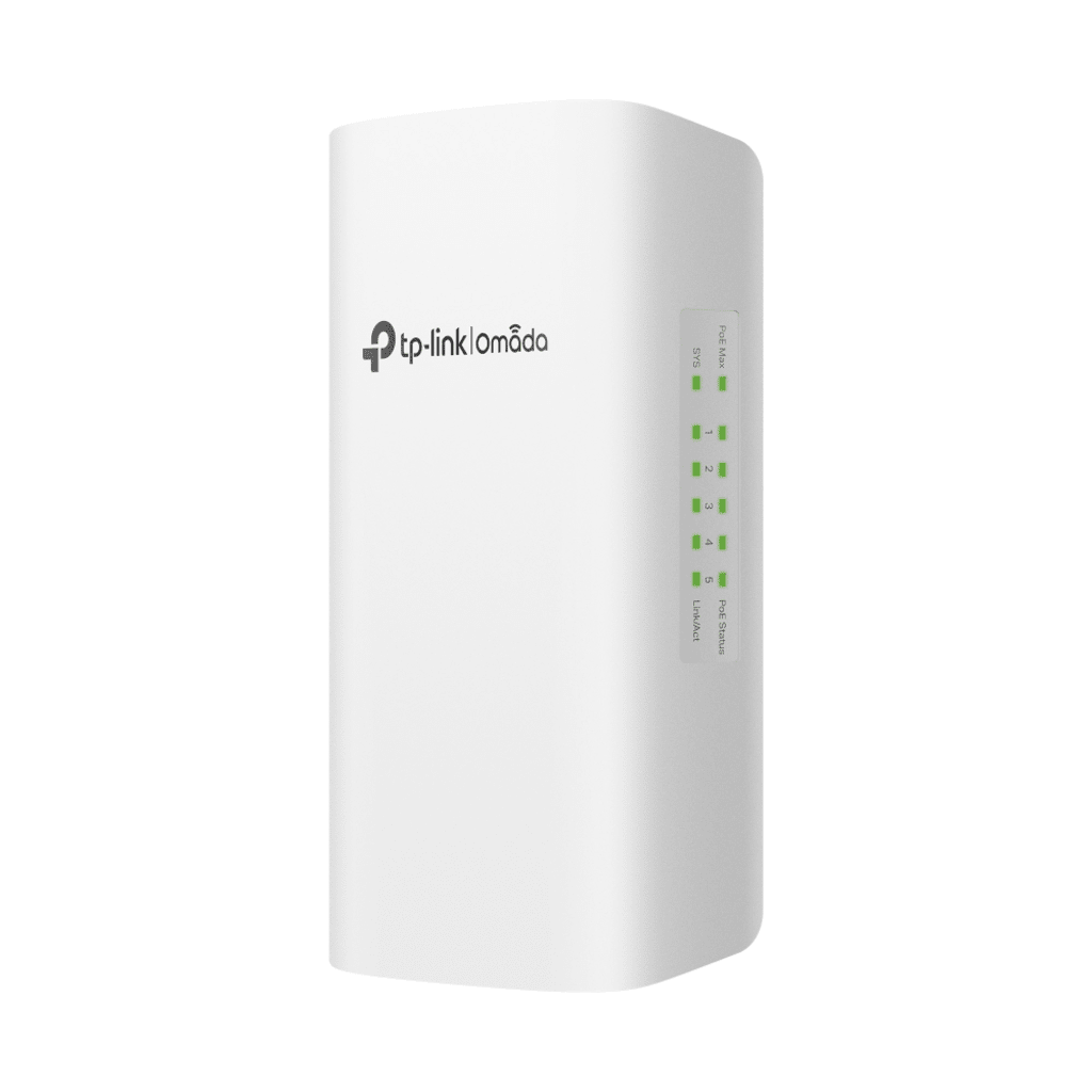 Switch PoE Omada Para Exterior / 1 Puerto PoE++ IN 802.3 af/at/bt / 4 Puertos PoE+ OUT Gigabit / Adminstración Centralizada Omada