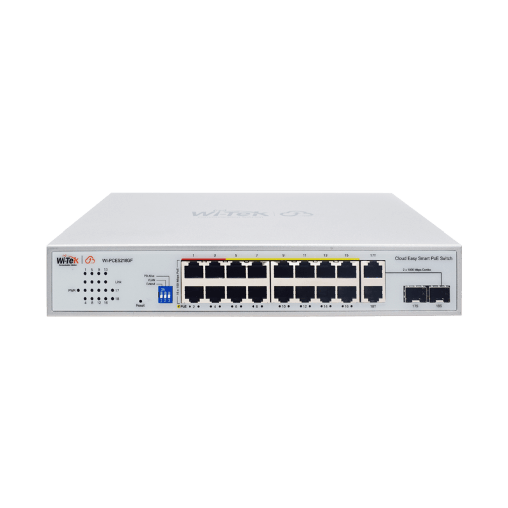 Switch PoE / Administración en la nube / Con 16 puertos 10/100 Mbps PoE af/at (Puertos 1-4: bt 90W) / 2 Puertos Uplink 10/100/1000 Mbps / 1 Puerto SFP Gigabit / Presupuesto 250 W / PoE hasta 250 metros / Soporta protocolo ONVIF