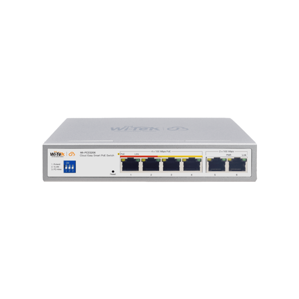 Switch PoE / Administración en la nube / Con 4 puertos 10/100 Mbps PoE af/at / 2 Puertos Uplink 10/100 Mbps / Presupuesto 60 W / PoE hasta 250 metros / Soporta protocolo ONVIF