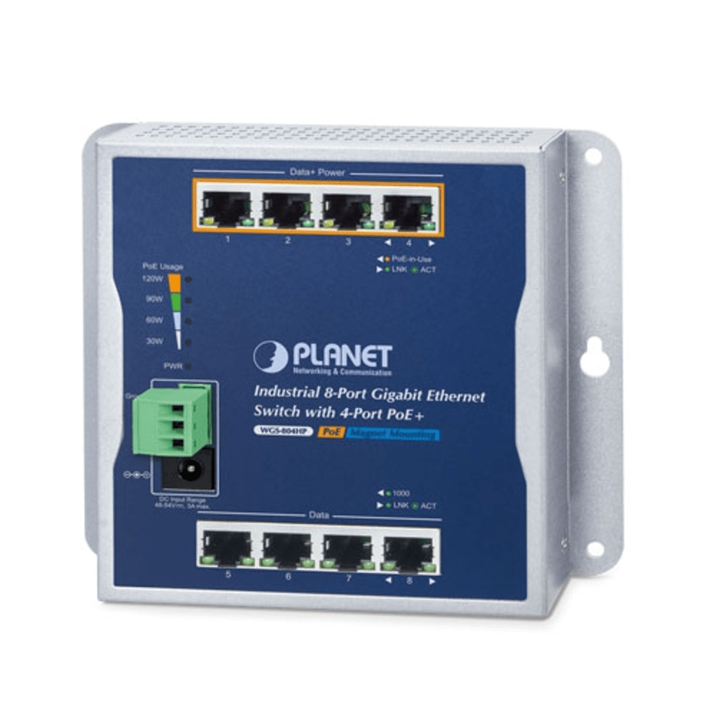 Switch Industrial No Administrable, Múltiple Montaje (Pared, Riel DIN y Magnético), 8 Puertos Gigabit con 4 puertos PoE 802.3at, Hasta 120 W.