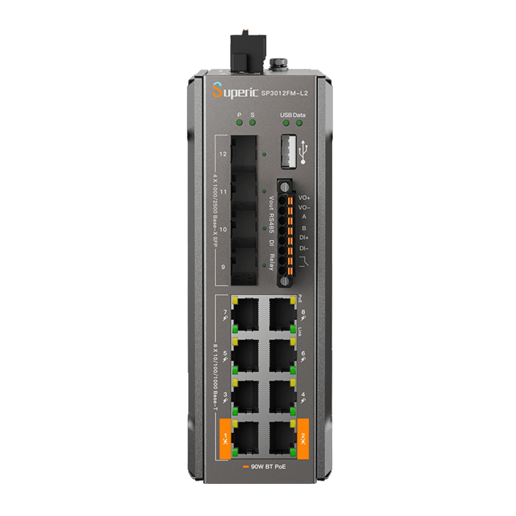 Switch de Red SP3012FM-L2(V3) / 8 Puertos 10/100/1000Mbps PoE / 4 Puertos SFP 1000M/2.5Gbps / Capacidad de Conmutación 36Gbps / Presupuesto PoE 240W / Alimentación Dual DC / Instalación DIN-rail, Pared o Escritorio / Certificaciones CE, FCC, RoHS, UKCA