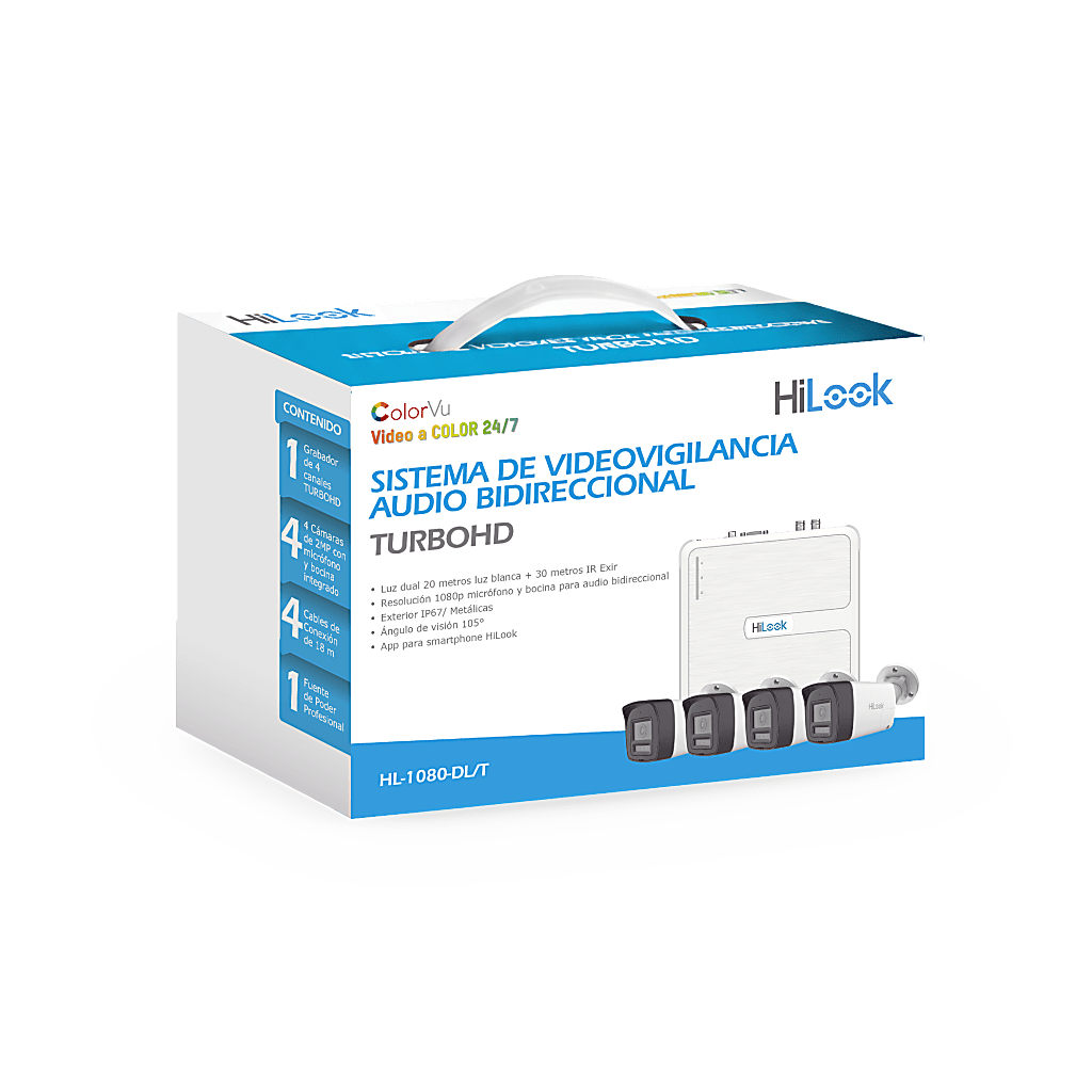 Kit TurboHD 1080p / DVR 4 canales / 4 Cámaras Bala de Policarbonato / Audio Bidireccional / Dual Light (IR + Luz Blanca) / H.265+ / 1 Fuente de Poder Profesional / Accesorios de Instalación